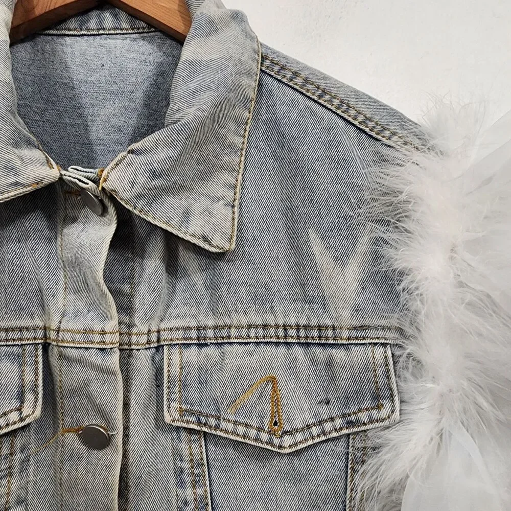 Upclycled Bujtton-front denim vest oversized white tulle ruffle sleeves Size L - Picture 12 of 16